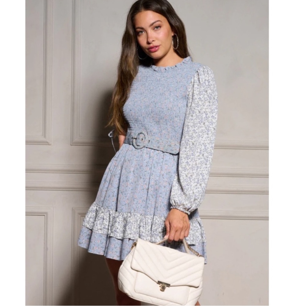 "The Luna" Blue Long Sleeve Belted Smocked Floral Mini Dress